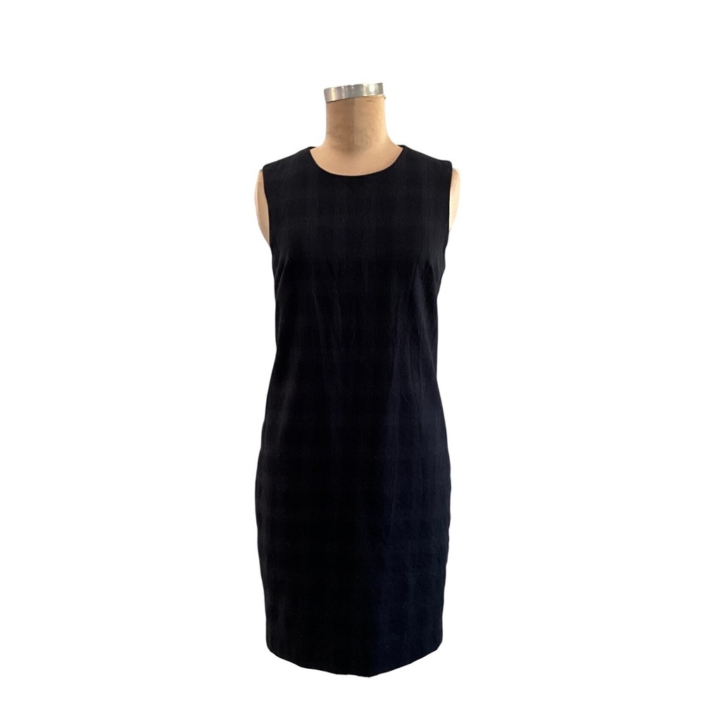 Theory‎ Black Wool Sheath Dress Plaid Sleeveless Lined Back Zip Knee Size 4